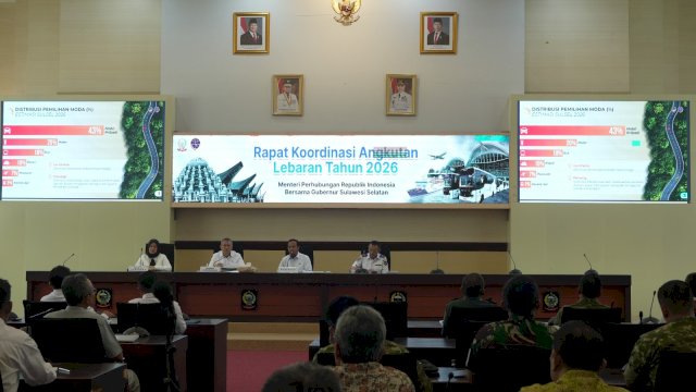 Rapat Koordinasi (Rakor) Angkutan Lebaran 2026 di Ruang Rapat Pimpinan Lantai 2 Kantor Gubernur Sulawesi Selatan, Jumat (27/2).