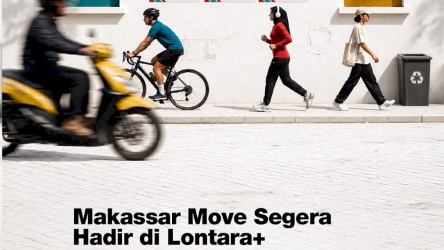 Poster sosialisasi program inovasi digital terbaru bertajuk Makassar Move yang terintegrasi di aplikasi Lontara Plus. Melalui program gagasan Wali Kota Munafri Arifuddin ini, warga Makassar diajak berkompetisi secara sehat mengumpulkan poin olahraga harian dan poin aduan kota untuk memperebutkan berbagai hadiah eksklusif.