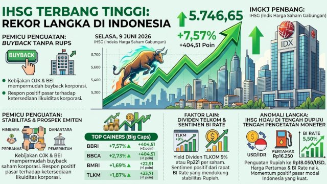 Infografis pergerakan IHSG yang melonjak tajam ke level 5.746,65 pada perdagangan Juni 2026. (Foto: Ilustrasi AI / portalmedia.id)