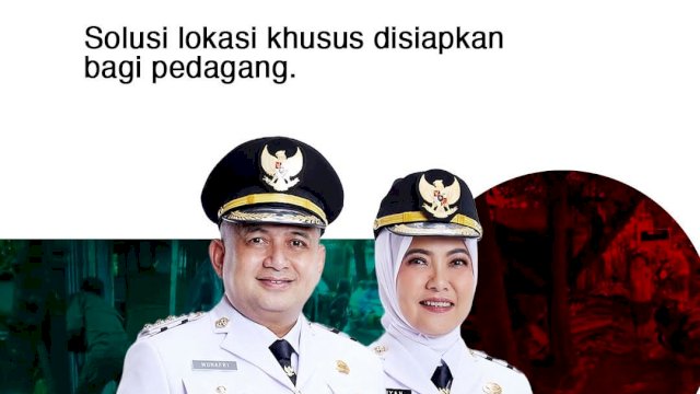 Pamflet resmi kebijakan penataan ruang publik Kota Makassar di bawah kepemimpinan Wali Kota Munafri Arifuddin dan Wakil Wali Kota Aliyah Mustika Ilham, yang menekankan bahwa penertiban fasum bertujuan mengembalikan hak pejalan kaki tanpa mematikan usaha para pedagang lewat penyediaan solusi lokasi khusus.