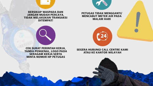 Infografis panduan kewaspadaan dari Perumda Air Minum Kota Makassar guna mengantisipasi maraknya modus operandi pencurian meter air pelanggan di pemukiman.