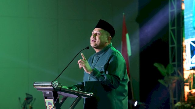 Wali Kota Makassar, Munafri Arifuddin, memberikan sambutan dalam acara pelantikan pengurus wilayah PPP Sulawesi Selatan di Makassar, Sabtu (20/6/2026).