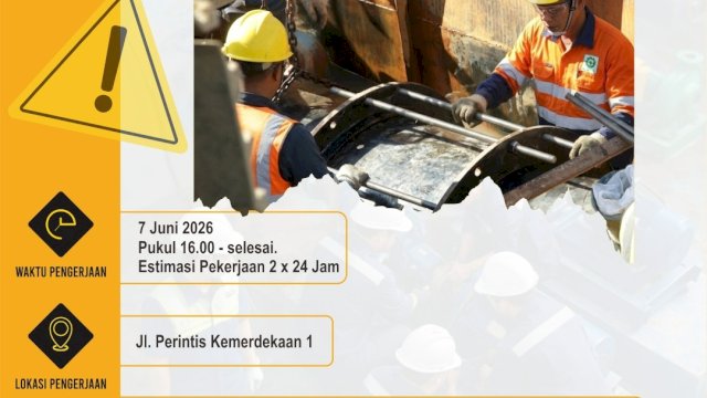 Infografis informasi pengerjaan penanggulangan kebocoran pipa diameter 400 mm di depan Jalan Perintis Kemerdekaan 1 yang dijadwalkan pada 7 Juni 2026.