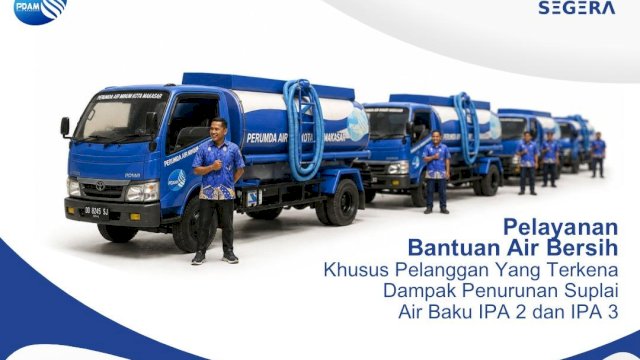 Perumda Air Minum Kota Makassar menyiagakan armada mobil tangki untuk memberikan bantuan air bersih gratis kepada pelanggan yang terdampak penurunan suplai air baku di IPA 2 dan IPA 3.