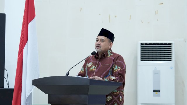 Wali Kota Makassar, Munafri Arifuddin, saat memberikan sambutan pada acara penyerahan bonus bagi kafilah Kota Makassar yang berprestasi di ajang MTQ ke-34 tingkat Provinsi Sulawesi Selatan.