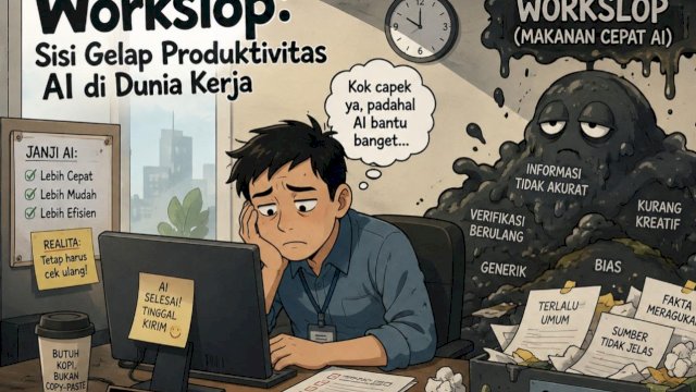 Ilustrasi fenomena workslop&mdash;ketika penggunaan AI generatif yang tidak bertanggung jawab di tempat kerja justru menghasilkan beban tambahan bagi rekan satu tim.